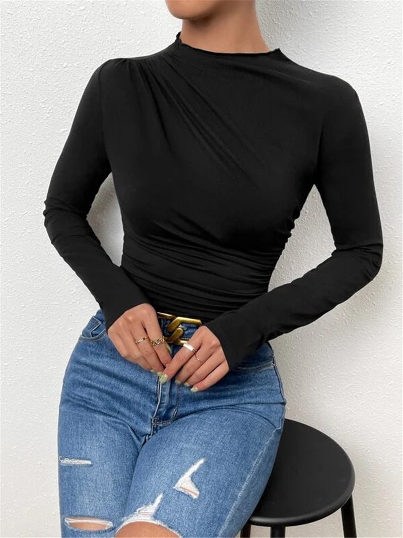 Solid color slim bottoming shirt versatile pleated design long - sleeved T-shirt - Negative Apparel