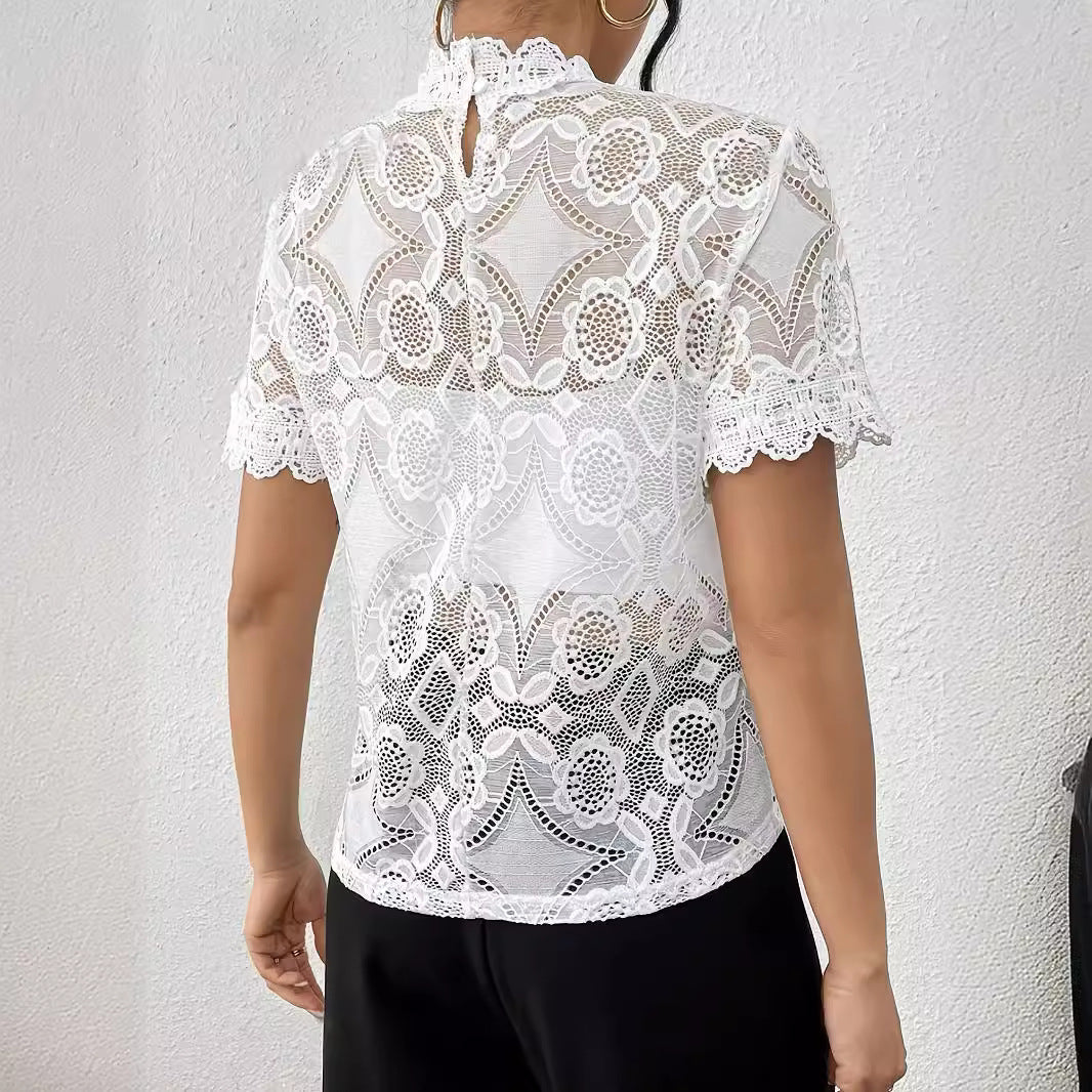 Solid color small stand - up collar lace splicing lace short - sleeved T-shirt top women's clothing - Negative Apparel