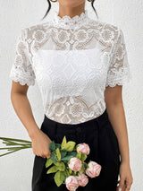 Solid color small stand - up collar lace splicing lace short - sleeved T-shirt top women's clothing - Negative Apparel
