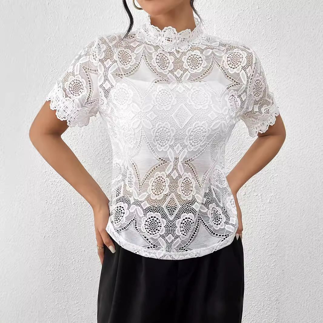 Solid color small stand - up collar lace splicing lace short - sleeved T-shirt top women's clothing - Negative Apparel