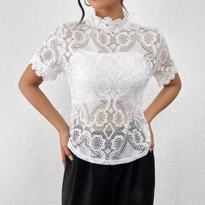 Solid color small stand - up collar lace splicing lace short - sleeved T-shirt top women's clothing - Negative Apparel