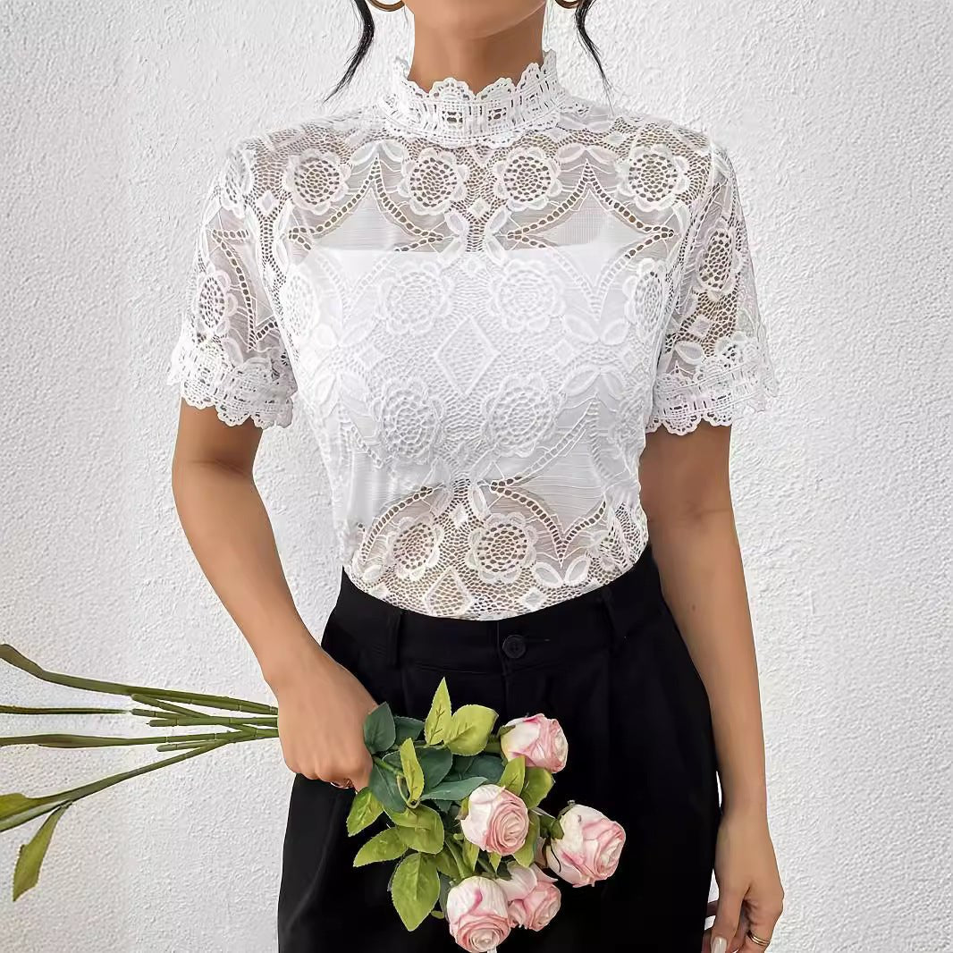 Solid color small stand - up collar lace splicing lace short - sleeved T-shirt top women's clothing - Negative Apparel