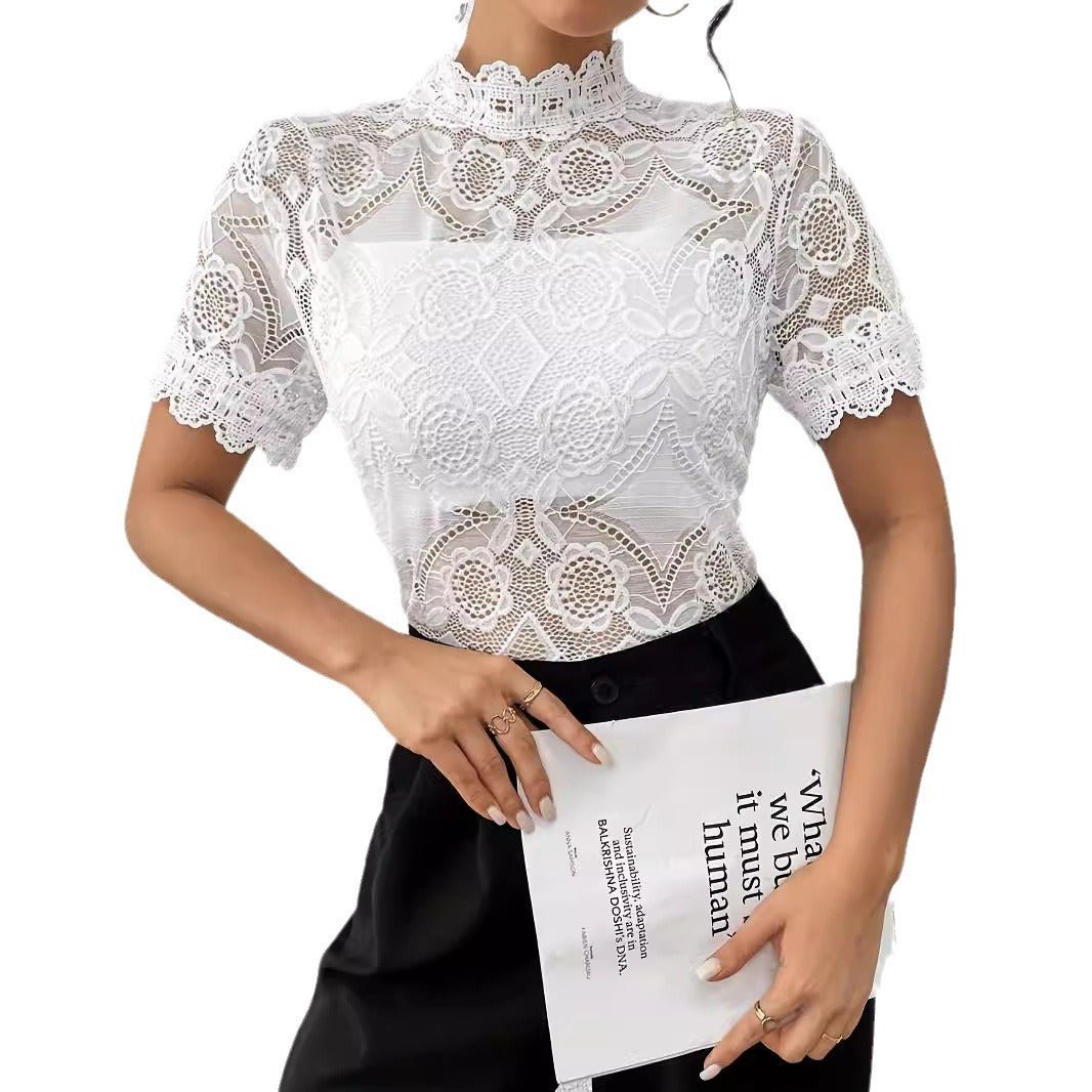 Solid color small stand - up collar lace splicing lace short - sleeved T-shirt top women's clothing - Negative Apparel