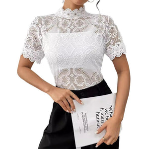 Solid color small stand - up collar lace splicing lace short - sleeved T-shirt top women's clothing - Negative Apparel