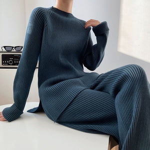 Solid color split sweater wide - leg pants two - piece suit for women - Negative Apparel