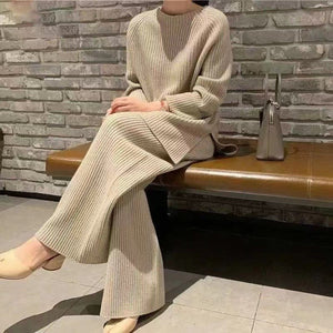 Solid color split sweater wide - leg pants two - piece suit for women - Negative Apparel