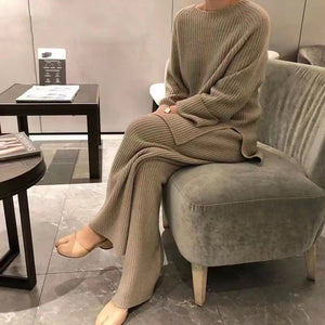 Solid color split sweater wide - leg pants two - piece suit for women - Negative Apparel