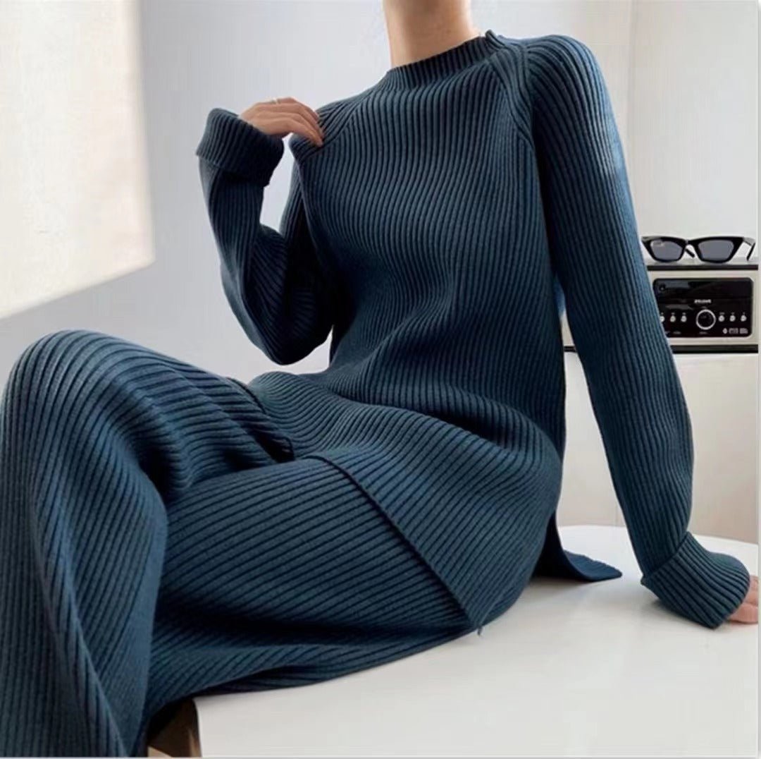 Solid color split sweater wide - leg pants two - piece suit for women - Negative Apparel