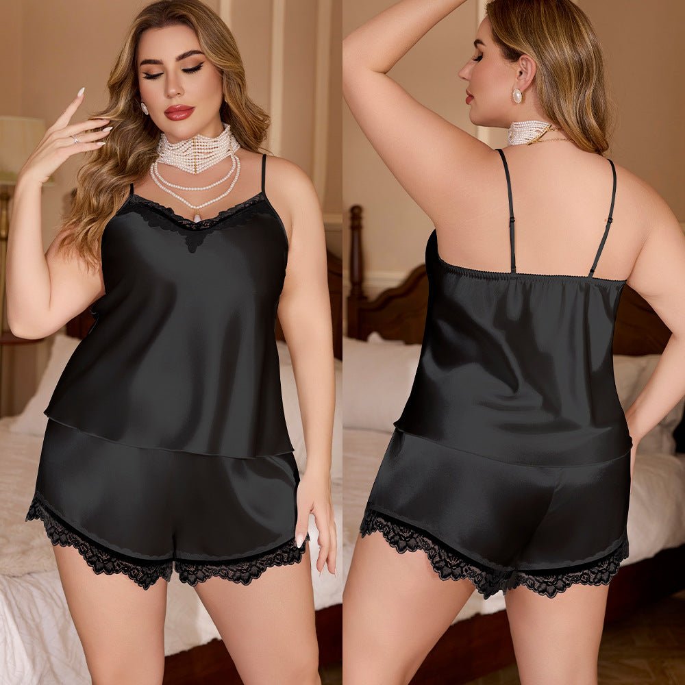 solid color spring and summer women's loungewear suspender shorts set sexy lace model breathable and comfortable 22208 - Negative Apparel