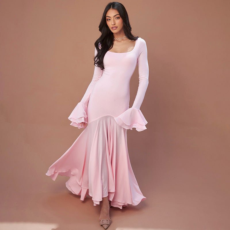 Solid color square collar lace long sleeves multi - pleat wide hem elegant long dress - Negative Apparel