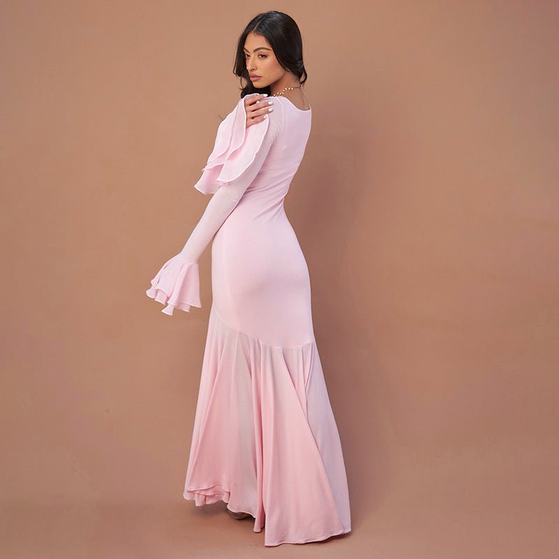 Solid color square collar lace long sleeves multi - pleat wide hem elegant long dress - Negative Apparel