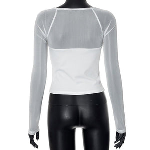 Solid color square collar long sleeve slim mesh splicing top - Negative Apparel