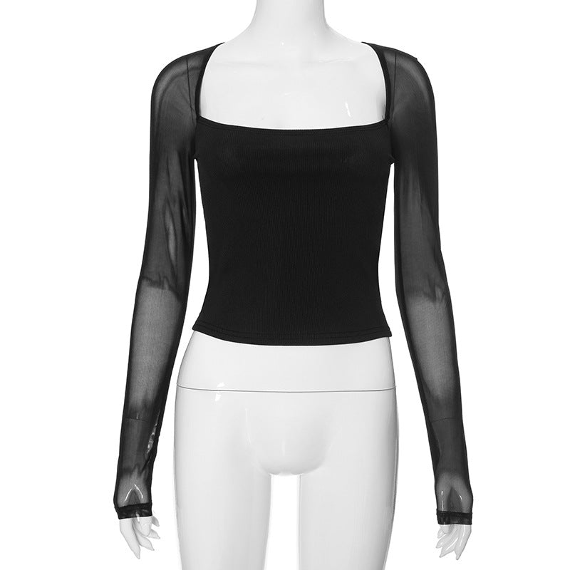 Solid color square collar long sleeve slim mesh splicing top - Negative Apparel