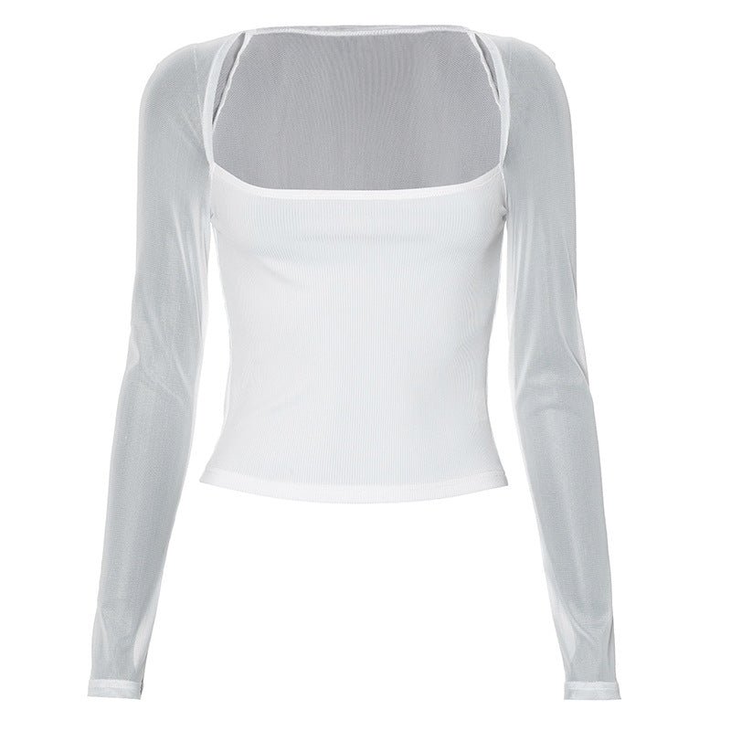 Solid color square collar long sleeve slim mesh splicing top - Negative Apparel