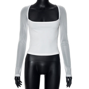 Solid color square collar long sleeve slim mesh splicing top - Negative Apparel