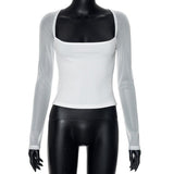 Solid color square collar long sleeve slim mesh splicing top - Negative Apparel