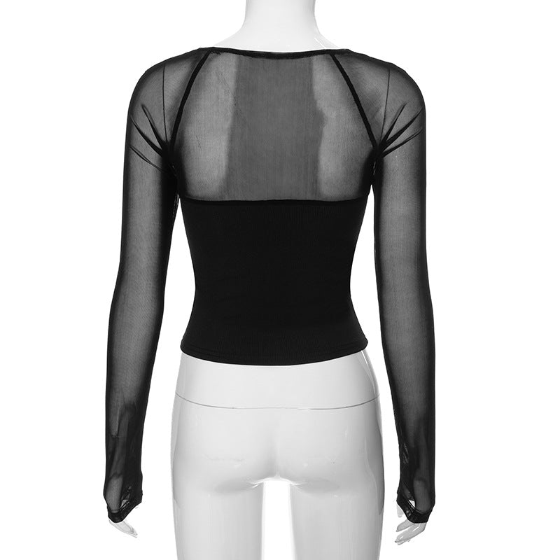 Solid color square collar long sleeve slim mesh splicing top - Negative Apparel