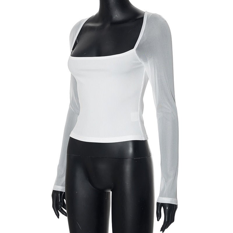 Solid color square collar long sleeve slim mesh splicing top - Negative Apparel