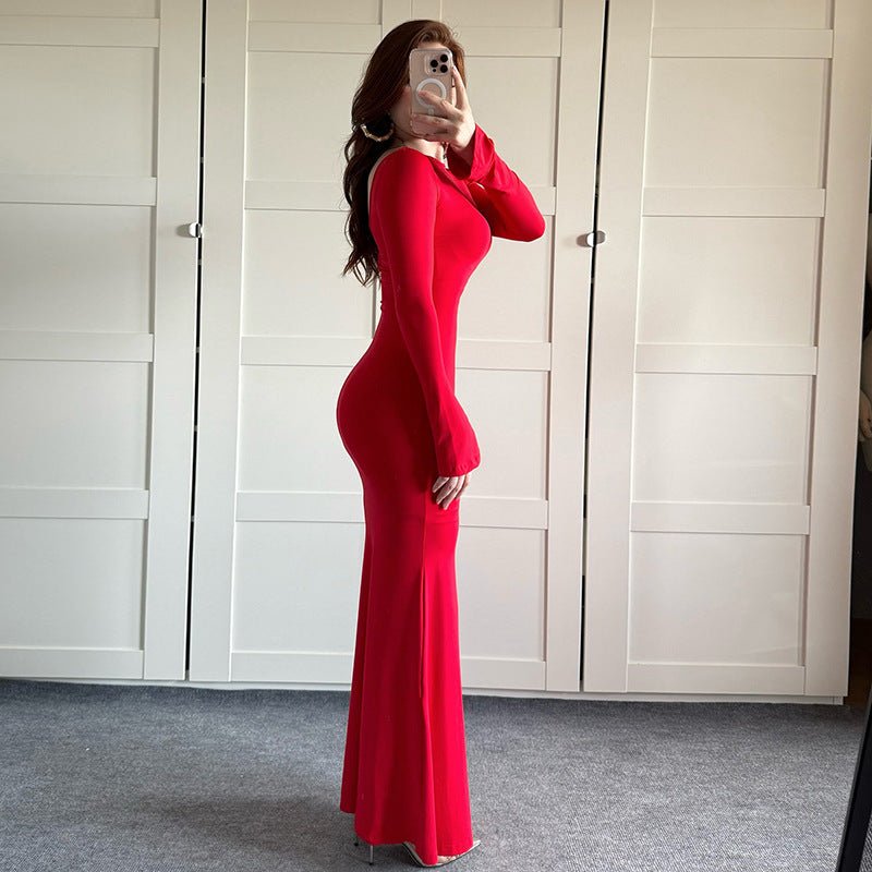 Solid color square collar slim hip fishtail elegant long bodycon dress - Negative Apparel