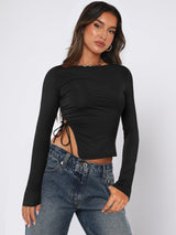 Solid color straps irregular hem long sleeves top - Negative Apparel