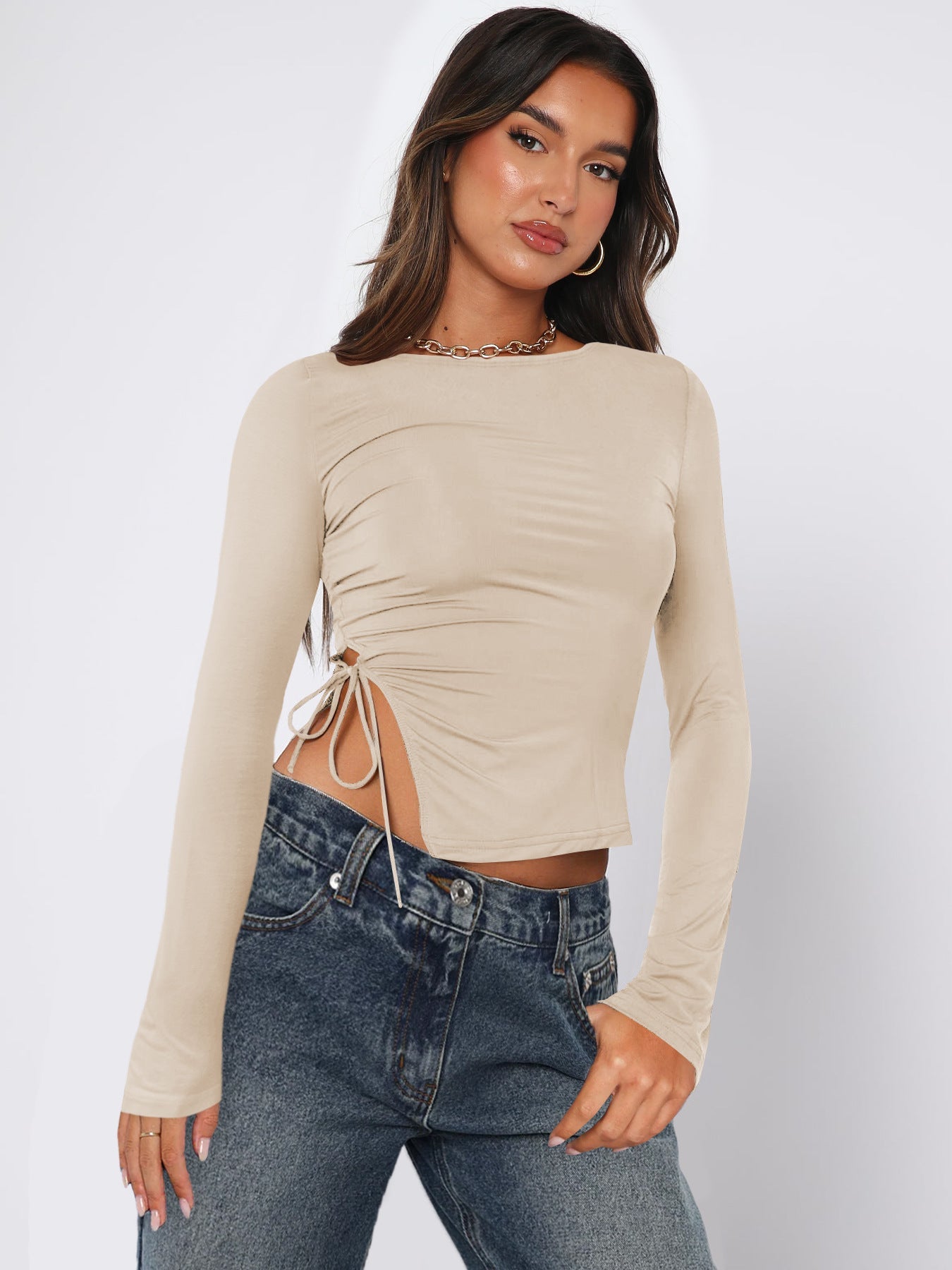 Solid color straps irregular hem long sleeves top - Negative Apparel