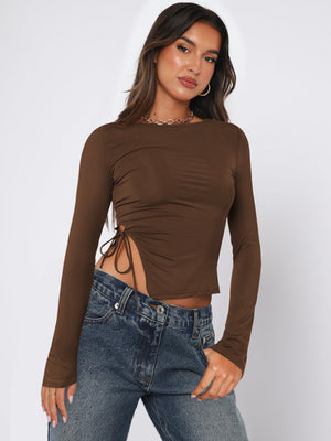 Solid color straps irregular hem long sleeves top - Negative Apparel