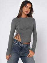 Solid color straps irregular hem long sleeves top - Negative Apparel