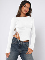 Solid color straps irregular hem long sleeves top - Negative Apparel