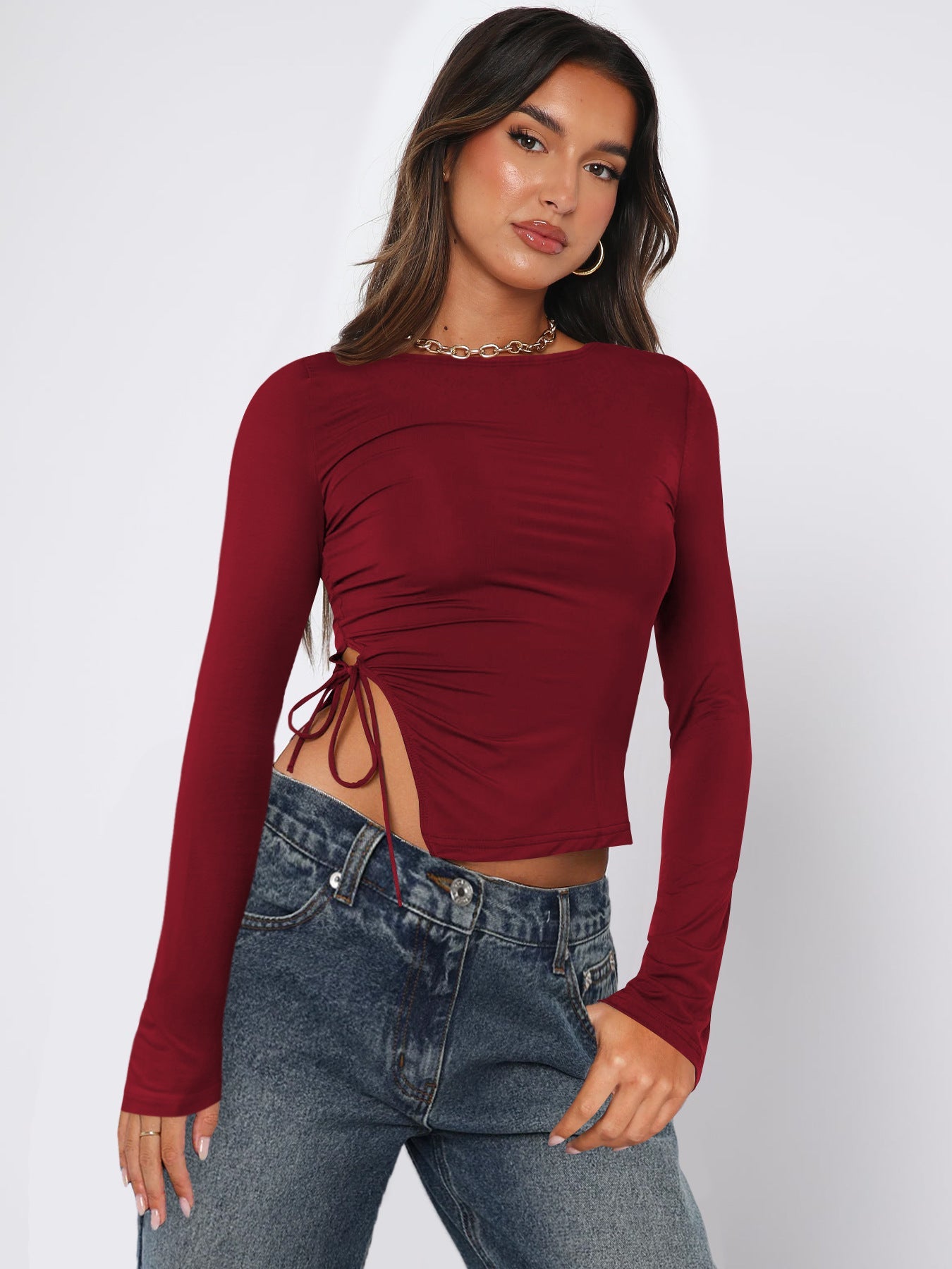 Solid color straps irregular hem long sleeves top - Negative Apparel