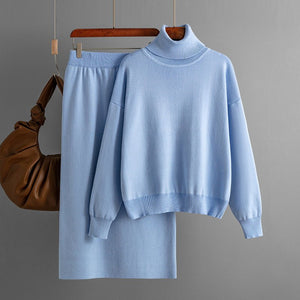 Solid color turtleneck sweater skirt two - piece set knitted suit women - Negative Apparel