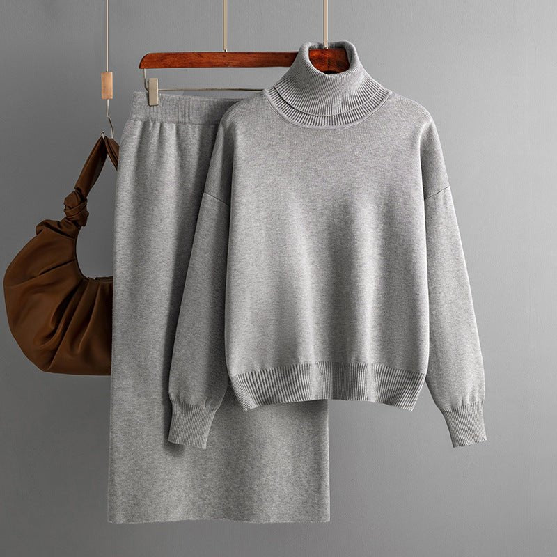 Solid color turtleneck sweater skirt two - piece set knitted suit women - Negative Apparel