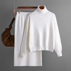 Solid color turtleneck sweater skirt two - piece set knitted suit women - Negative Apparel