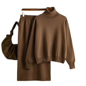 Solid color turtleneck sweater skirt two - piece set knitted suit women - Negative Apparel