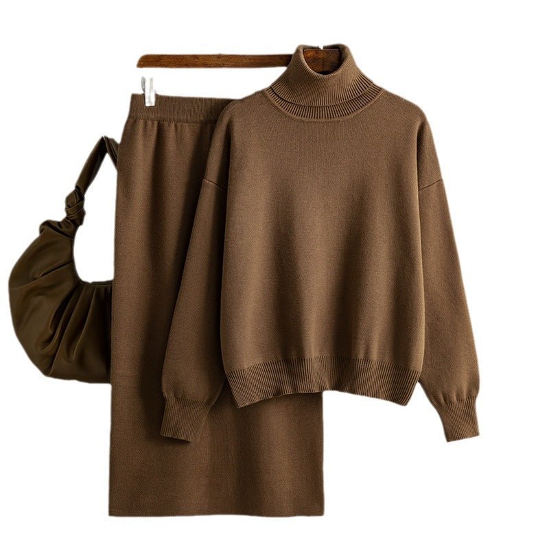Solid color turtleneck sweater skirt two - piece set knitted suit women - Negative Apparel