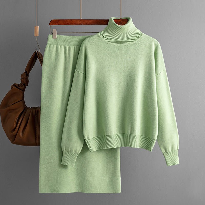 Solid color turtleneck sweater skirt two - piece set knitted suit women - Negative Apparel