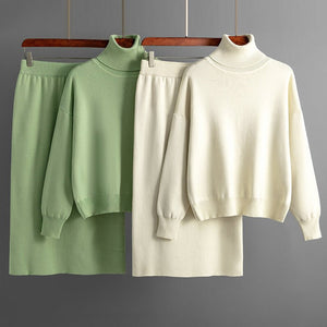 Solid color turtleneck sweater skirt two - piece set knitted suit women - Negative Apparel