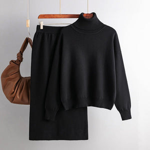 Solid color turtleneck sweater skirt two - piece set knitted suit women - Negative Apparel