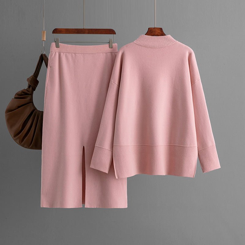 Solid color turtleneck sweater split - ended half - body hip skirt two - piece set - Negative Apparel
