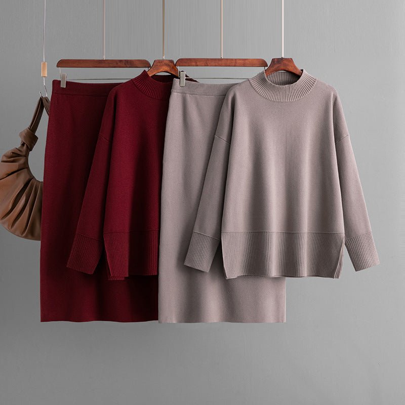 Solid color turtleneck sweater split - ended half - body hip skirt two - piece set - Negative Apparel