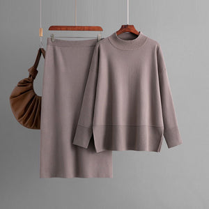 Solid color turtleneck sweater split - ended half - body hip skirt two - piece set - Negative Apparel