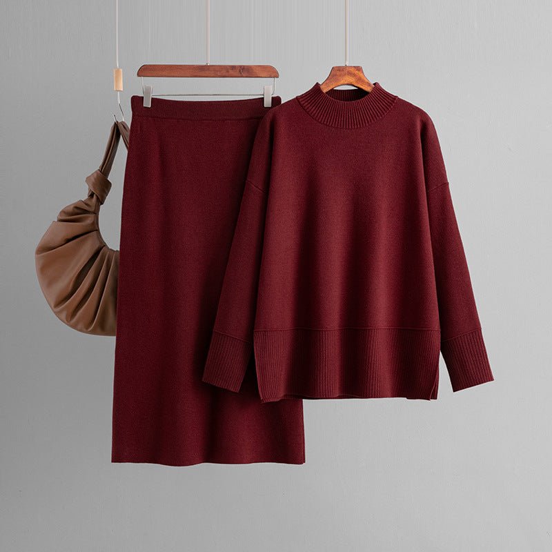 Solid color turtleneck sweater split - ended half - body hip skirt two - piece set - Negative Apparel
