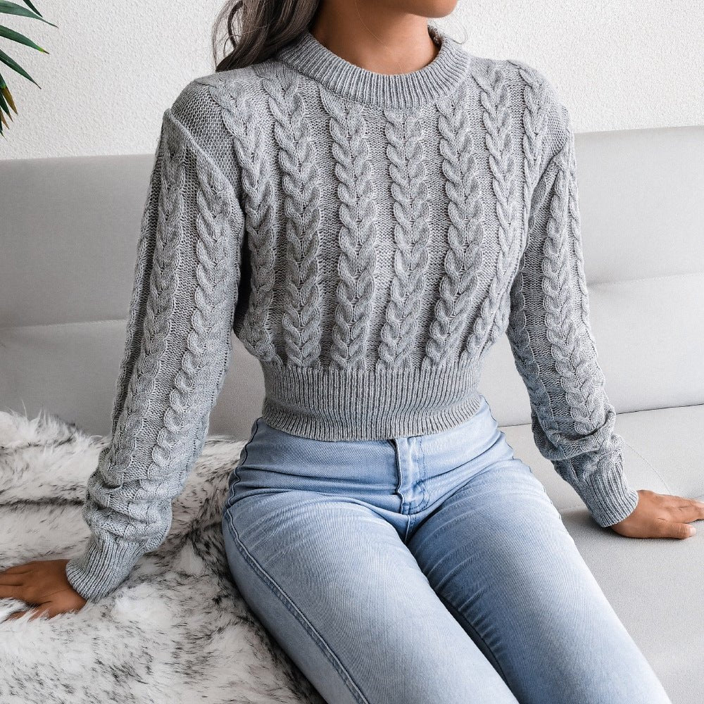 Solid color twist knitted long - sleeved round neck sweater - Negative Apparel