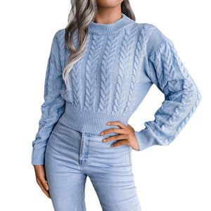 Solid color twist knitted long - sleeved round neck sweater - Negative Apparel