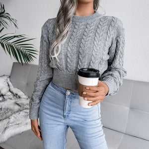 Solid color twist knitted long - sleeved round neck sweater - Negative Apparel