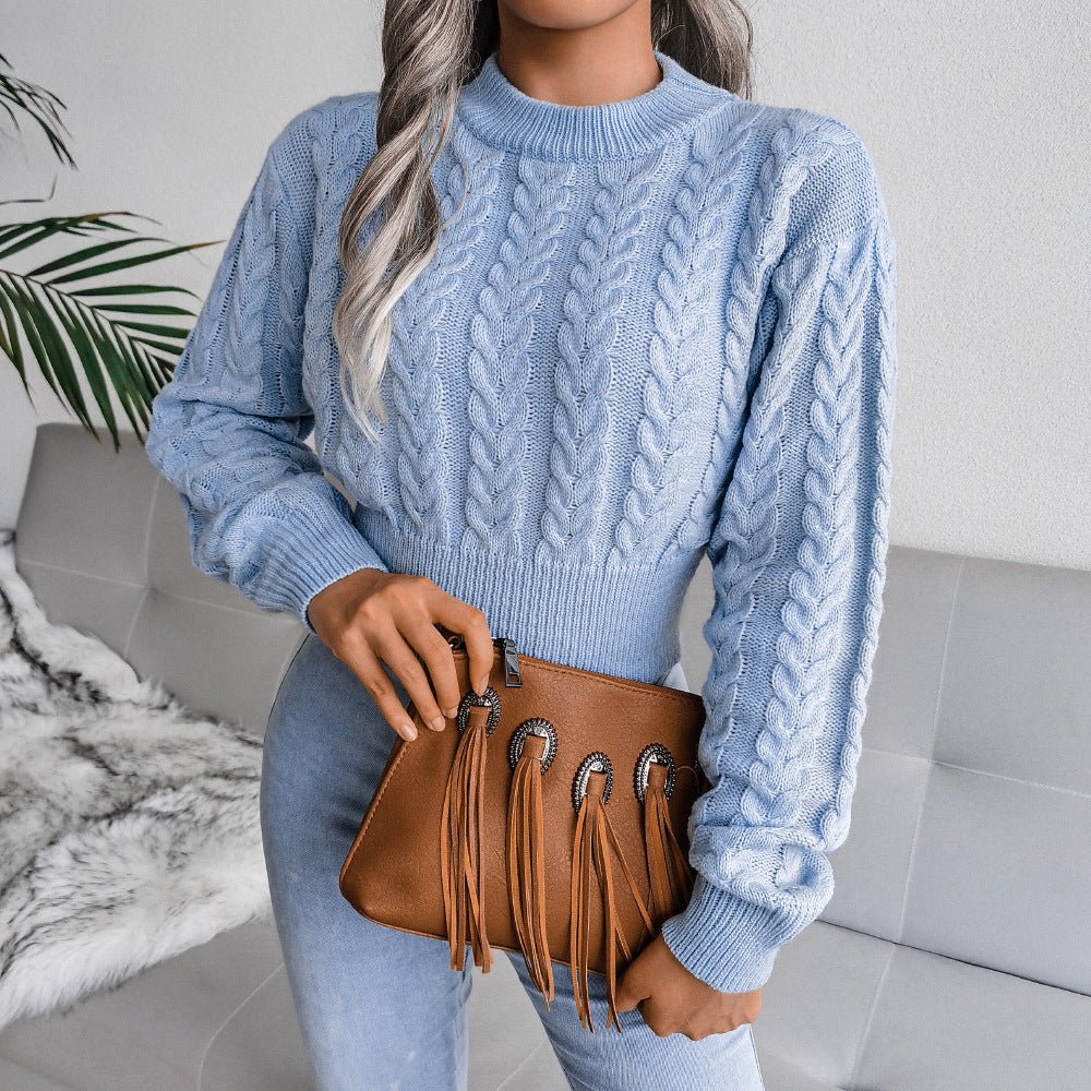 Solid color twist knitted long - sleeved round neck sweater - Negative Apparel