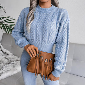 Solid color twist knitted long - sleeved round neck sweater - Negative Apparel