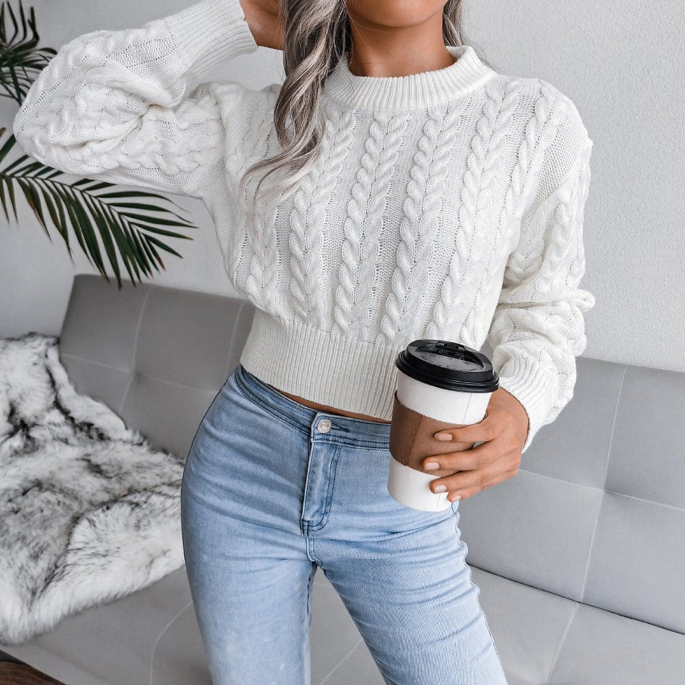 Solid color twist knitted long - sleeved round neck sweater - Negative Apparel