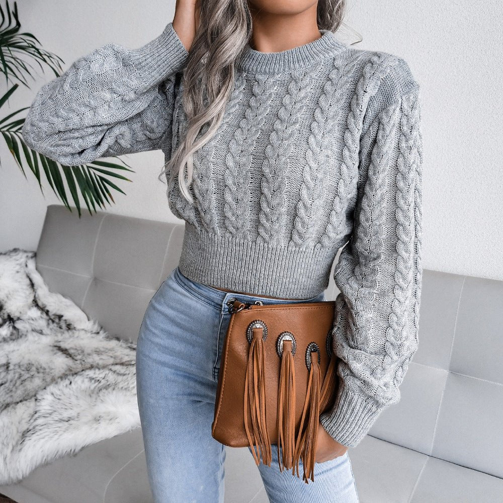 Solid color twist knitted long - sleeved round neck sweater - Negative Apparel