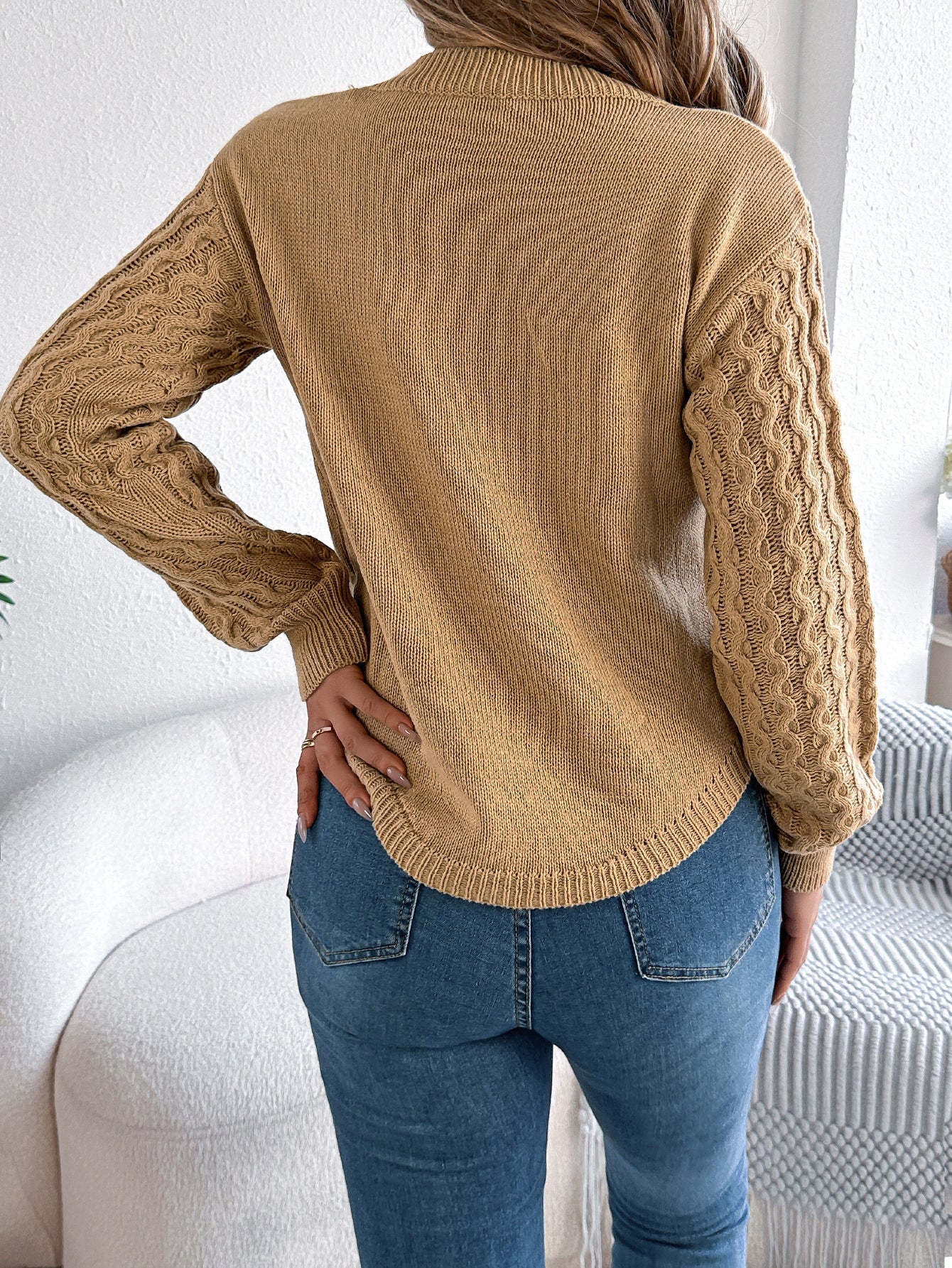 Solid color twisted lantern sleeve irregular hem sweater - Negative Apparel