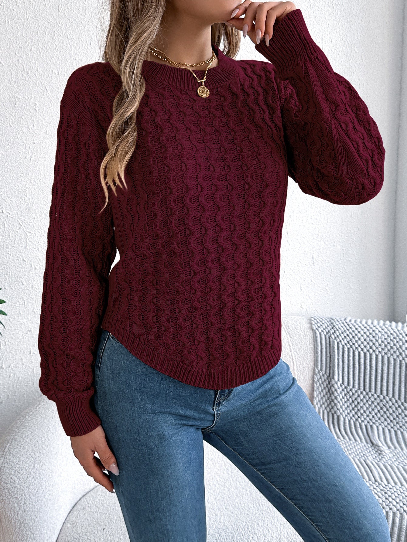 Solid color twisted lantern sleeve irregular hem sweater - Negative Apparel